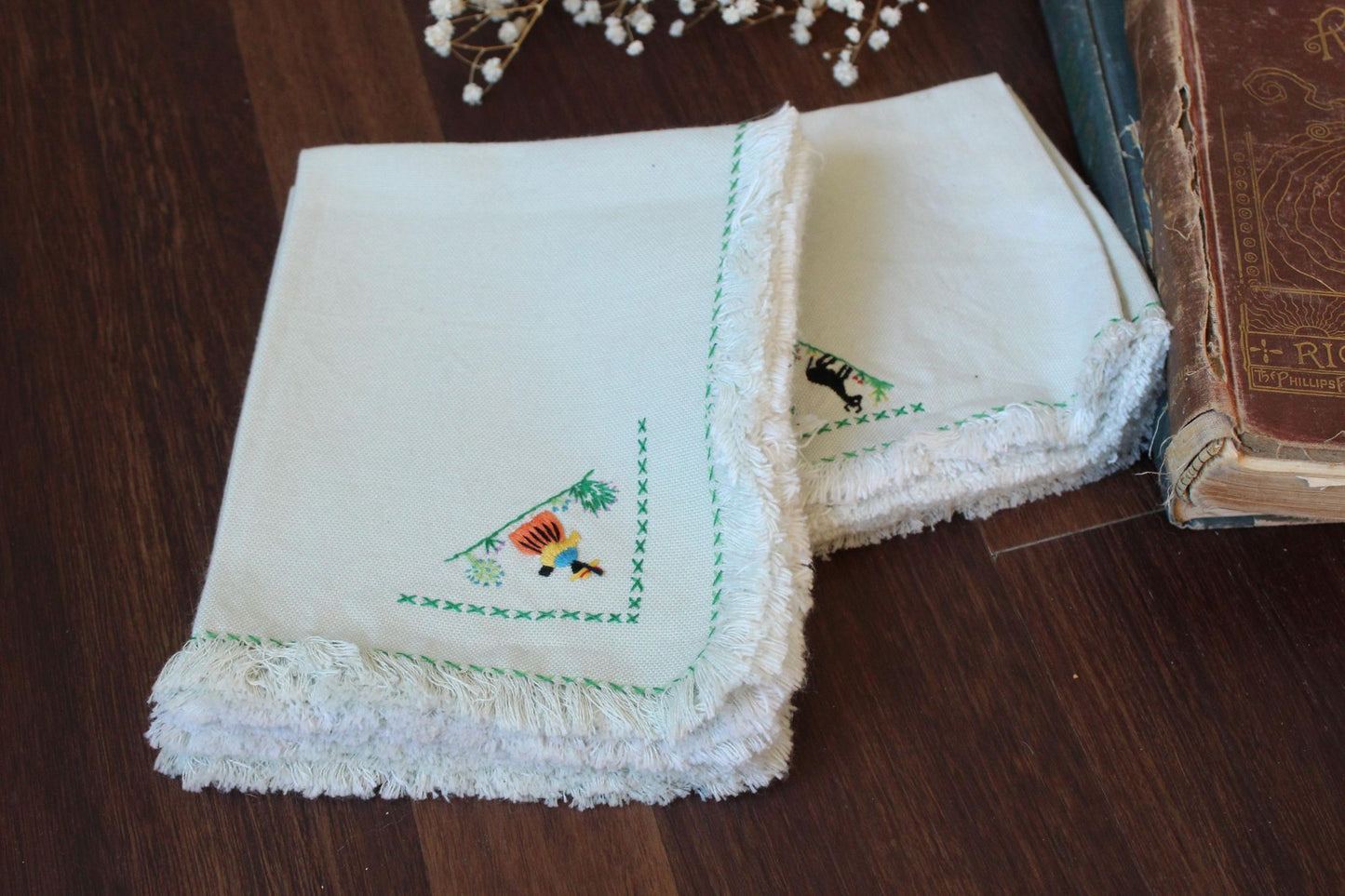 Vintage Green Embroidered Mexican Napkins and Placemat Set