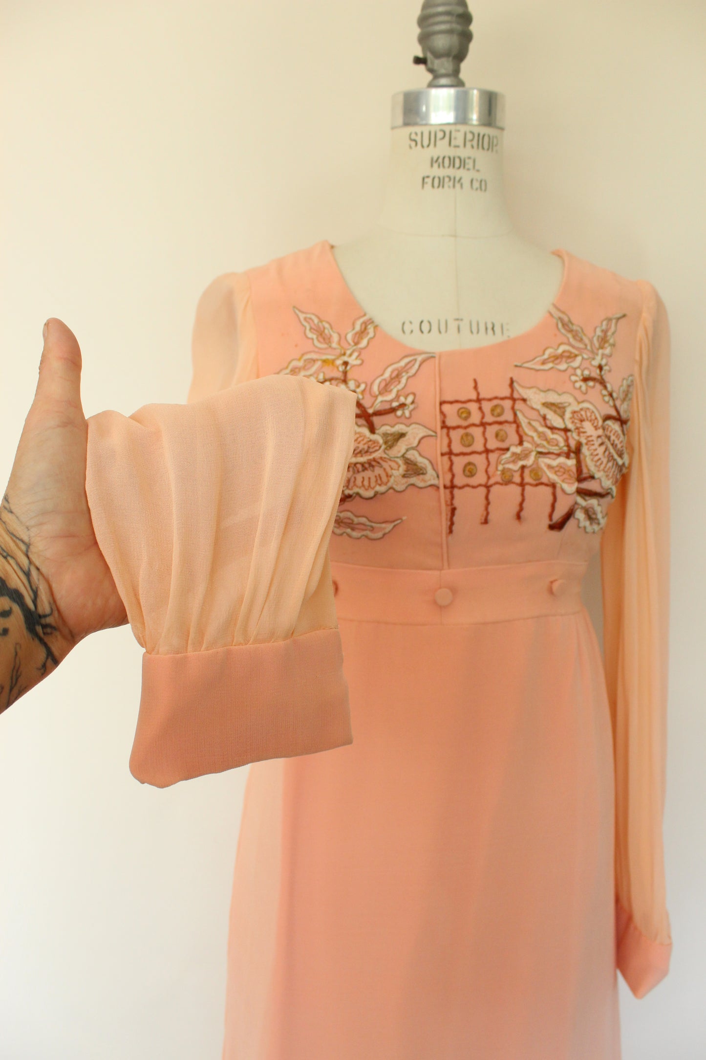 Vintage 1960s Dress, Peach Maxidress with Asian Inspired Embroidery, Sheer Chiffon Sleeves