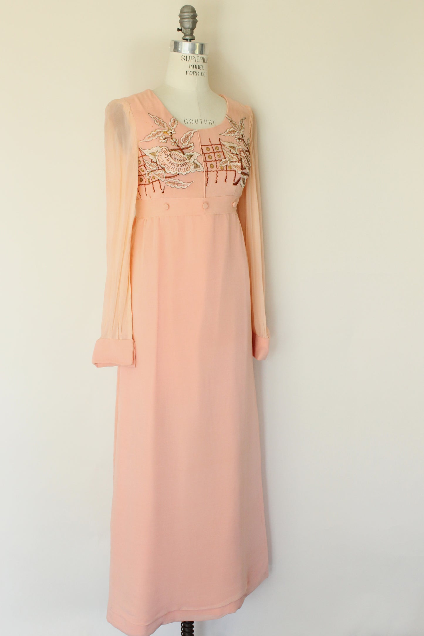 Vintage 1960s Dress, Peach Maxidress with Asian Inspired Embroidery, Sheer Chiffon Sleeves