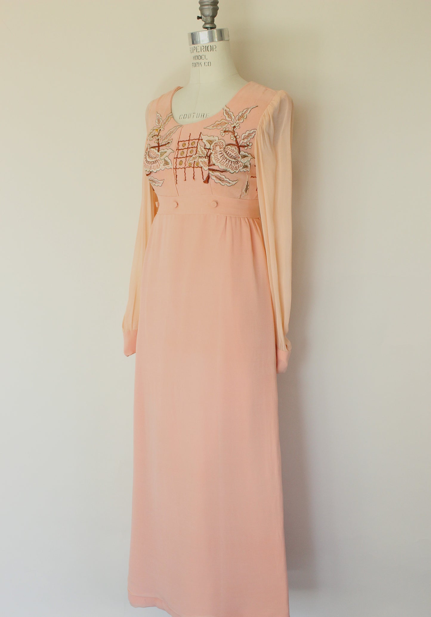 Vintage 1960s Dress, Peach Maxidress with Asian Inspired Embroidery, Sheer Chiffon Sleeves