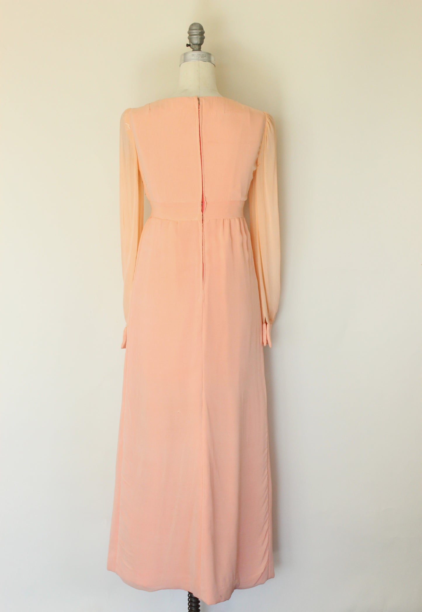 Vintage 1960s Dress, Peach Maxidress with Asian Inspired Embroidery, Sheer Chiffon Sleeves