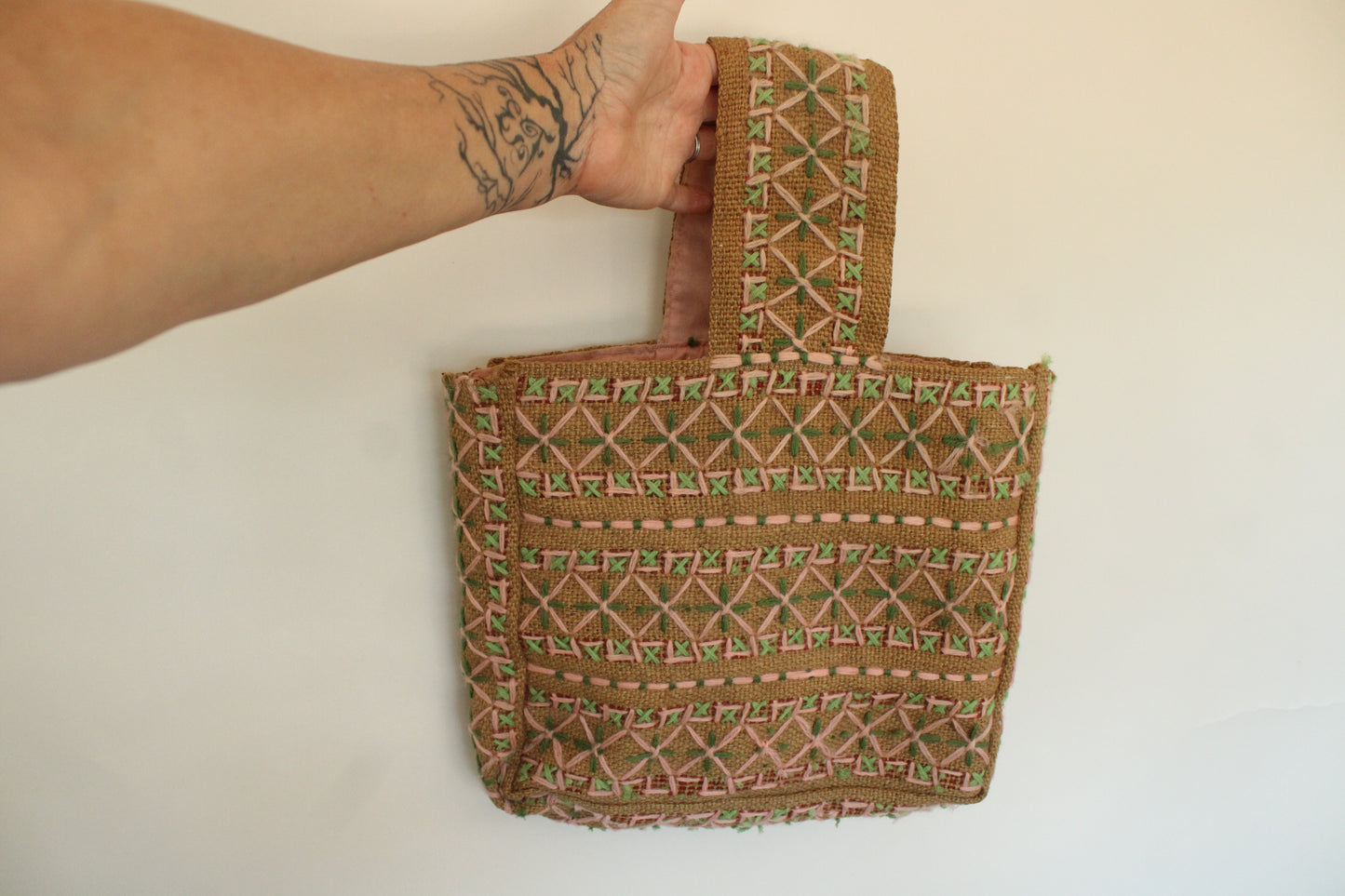 Vintage 1960s 1970s Embroidered Burlap Bag