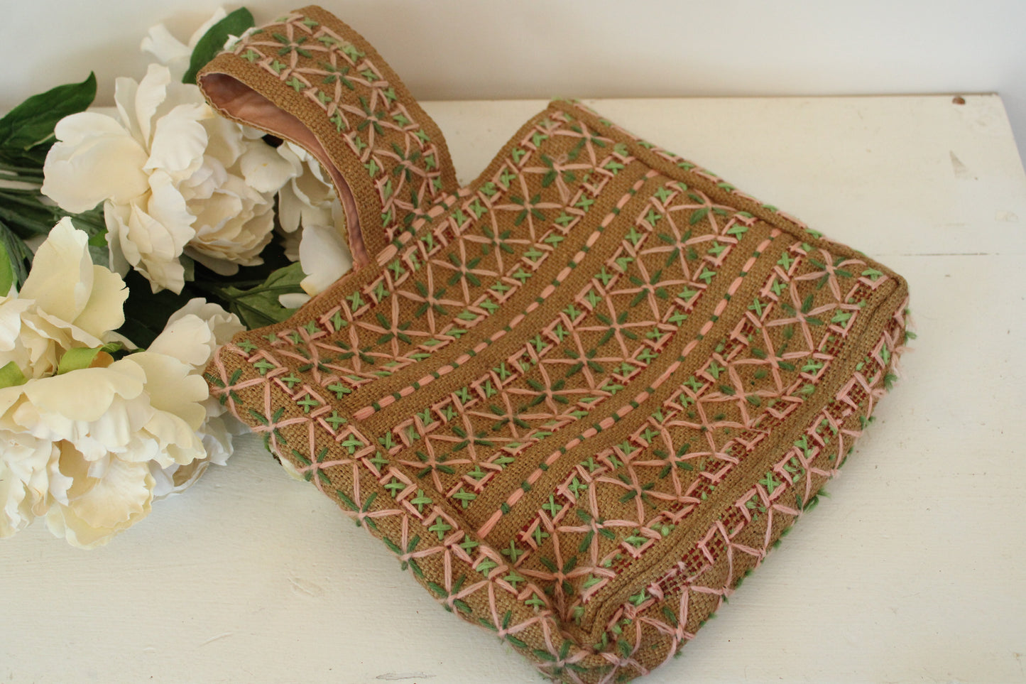 Vintage 1960s 1970s Embroidered Burlap Bag