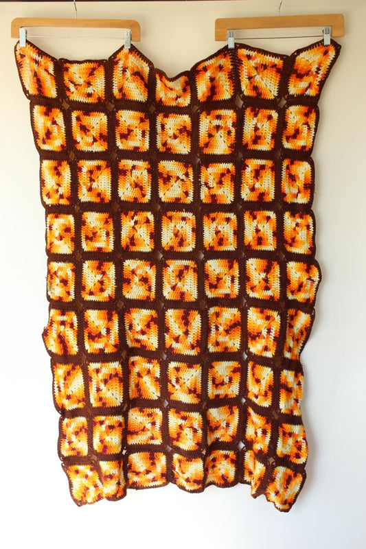 Vintage 1960s Granny Square Throw Blanket in Autumn Colors