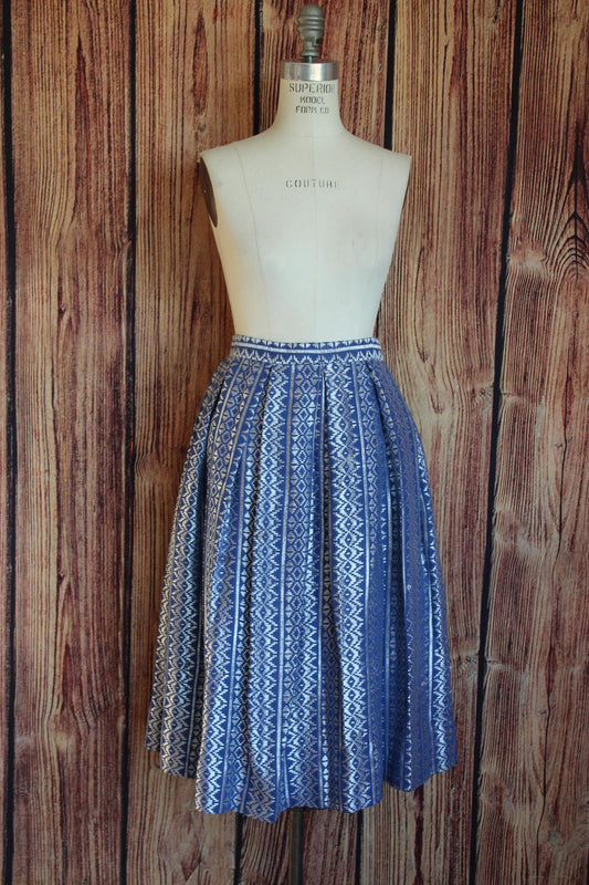 Vintage 1960s Blue and Silver Full Pleated Skirt