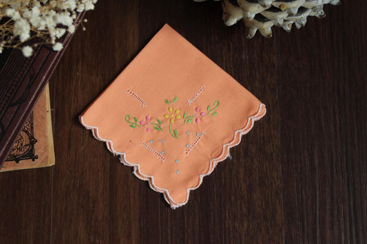 Vintage Orange Cotton Hankie with Floral Embroidery