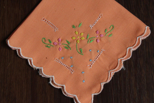 Vintage Orange Cotton Hankie with Floral Embroidery