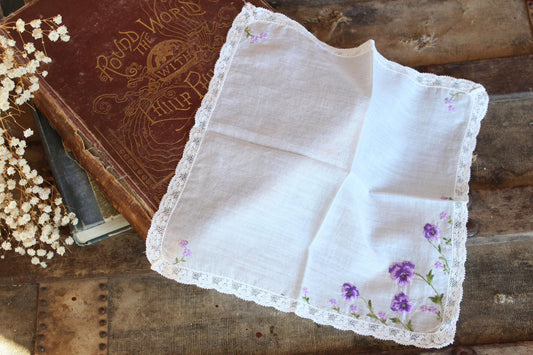 Vintage Violet Flower Hankie with Lace Trim