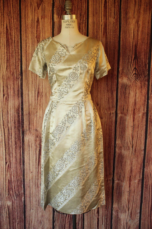 Vintage 1950s Wiggle Dress in Gold and Silver Silk Satin with Beading