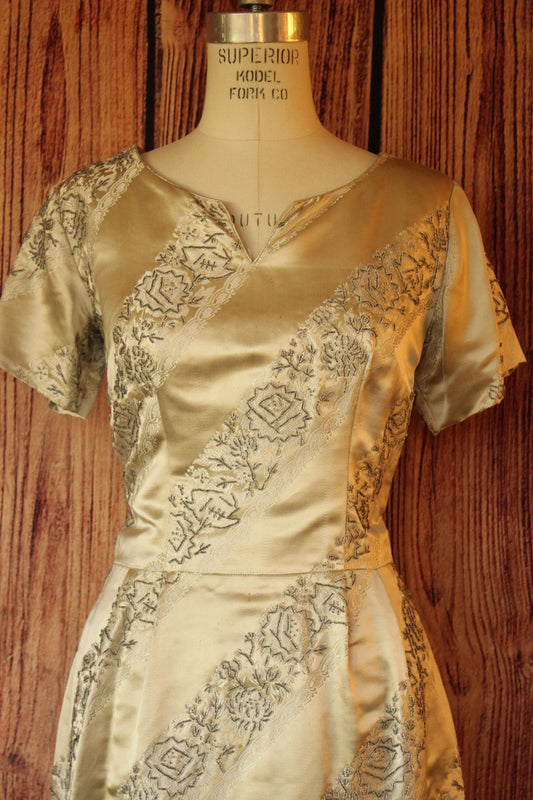 Vintage 1950s Wiggle Dress in Gold and Silver Silk Satin with Beading