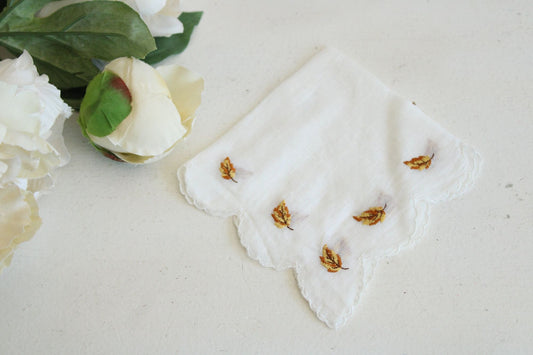 Vintage White Linen Hankie with Autumn Leaves Embroidery
