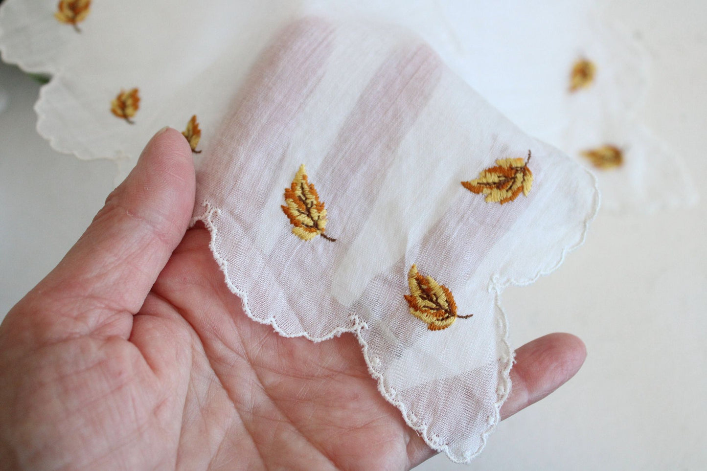 Vintage White Linen Hankie with Autumn Leaves Embroidery