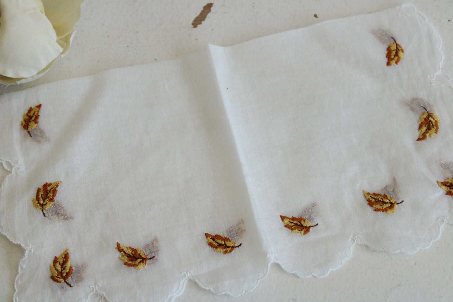 Vintage White Linen Hankie with Autumn Leaves Embroidery