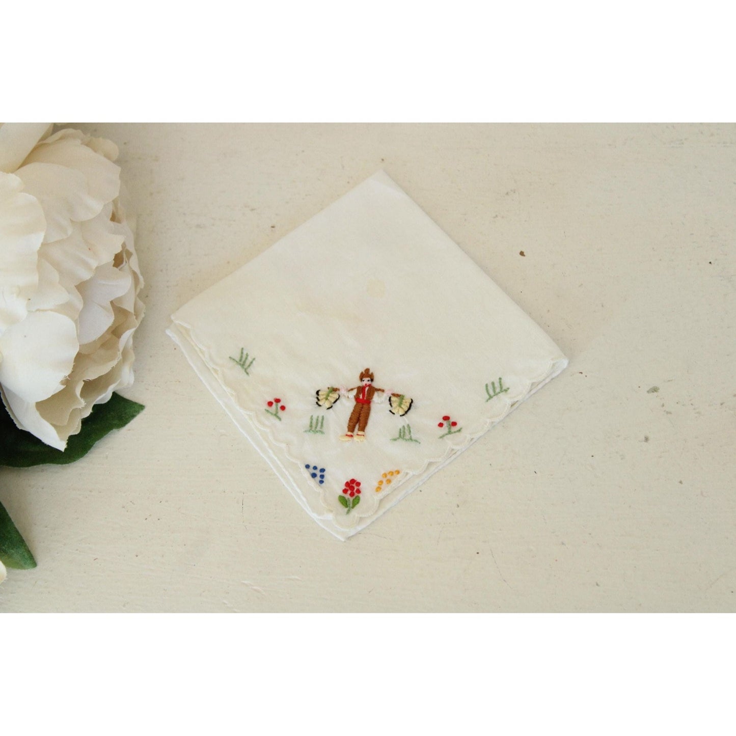 Vintage White Linen Folk Embroidered Hanky