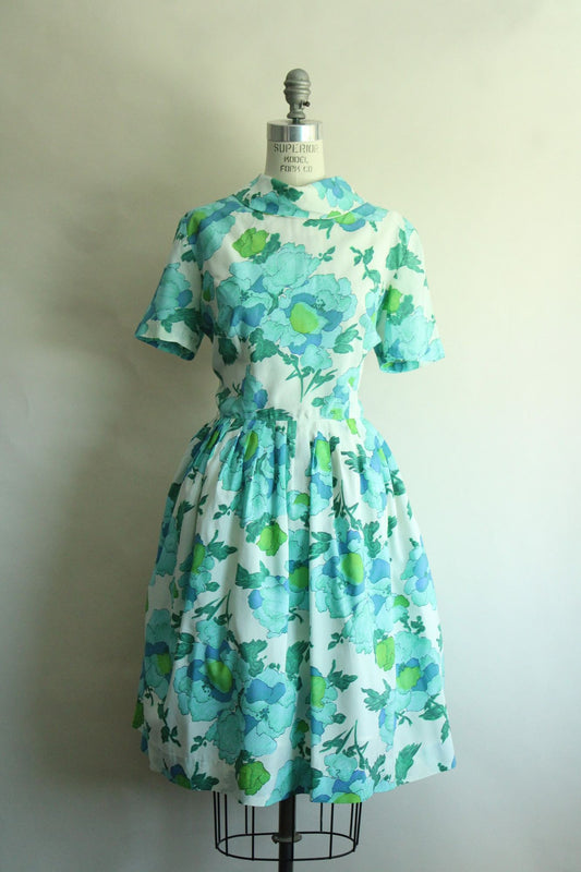 Vintage 1960s Blue and Green Floral Print Dress