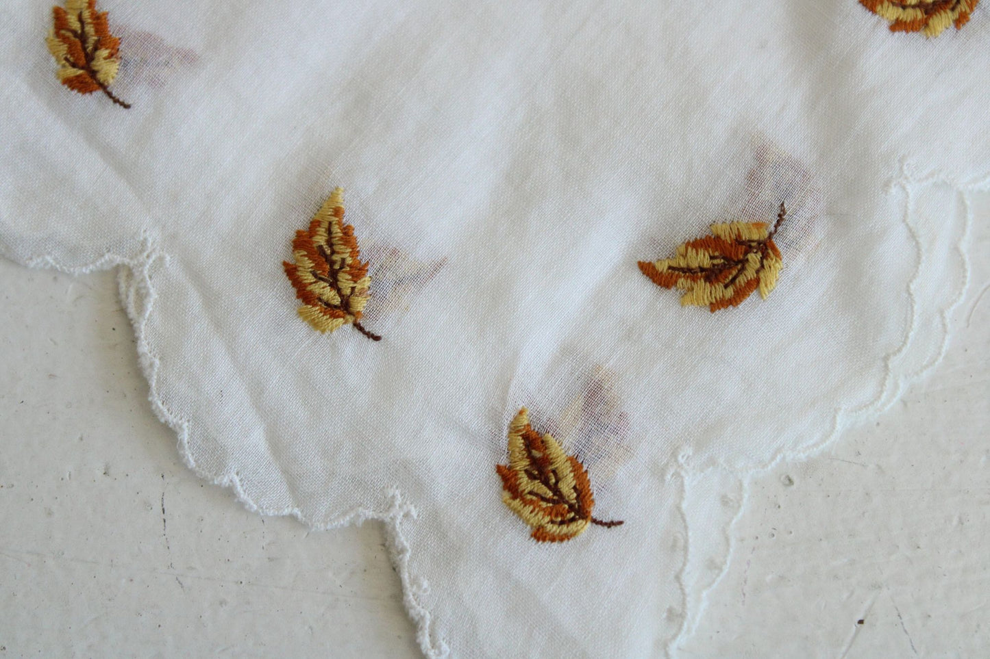 Vintage White Linen Hankie with Autumn Leaves Embroidery