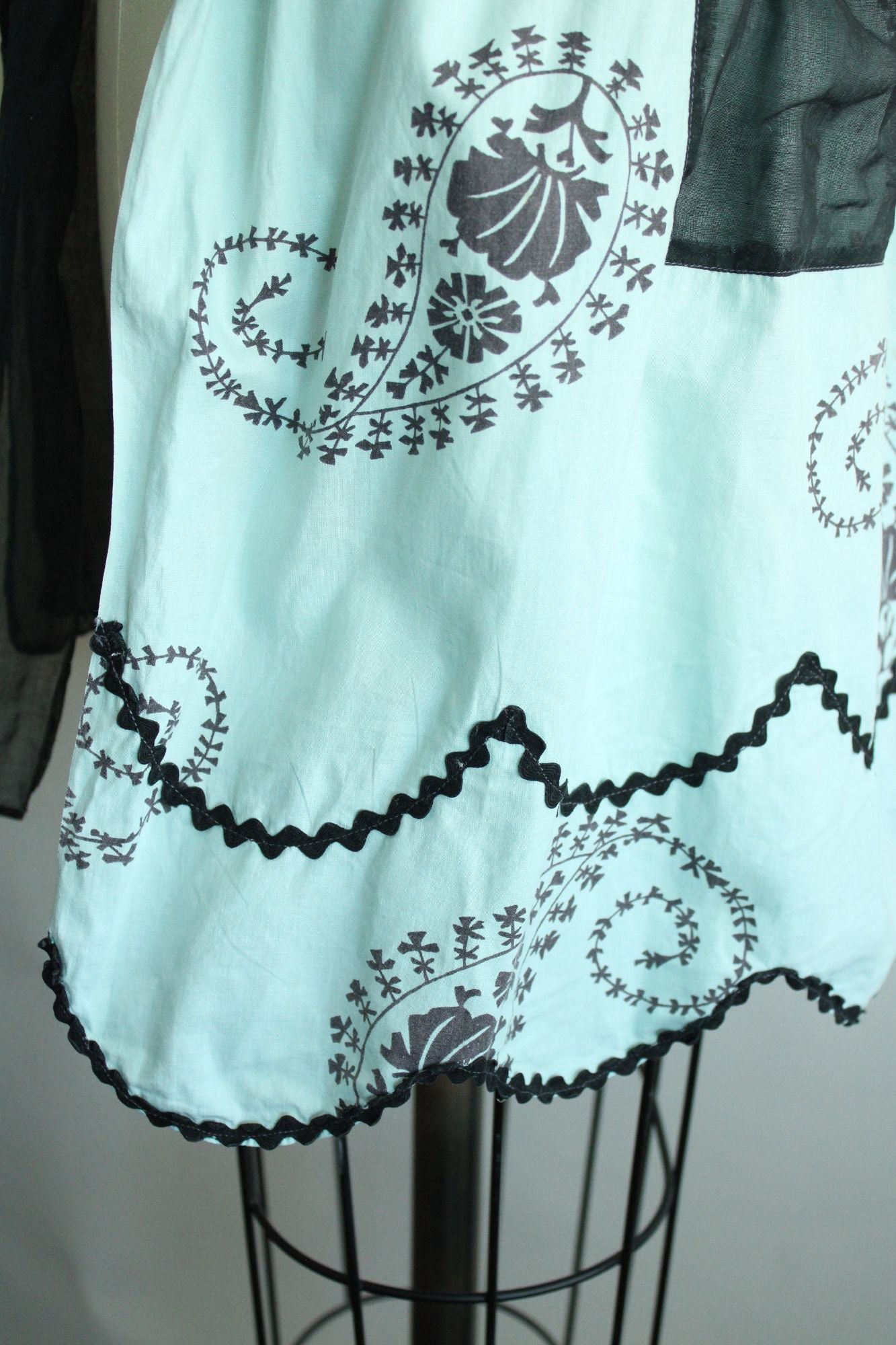 Vintage 1960s Apron, Mint Green and Black Cotton Half Apron with Ricrac Trim