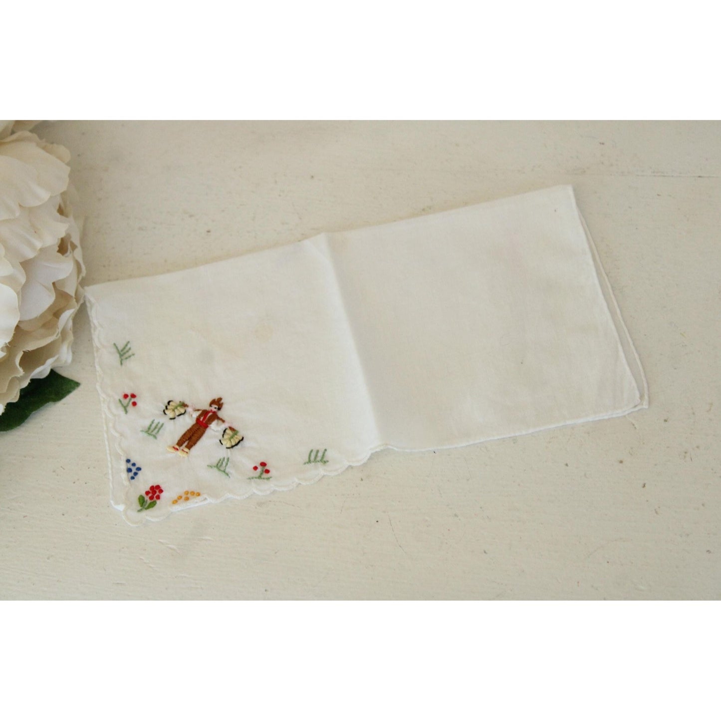 Vintage White Linen Folk Embroidered Hanky