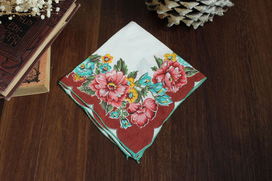 Vintage Brown and Teal Wildflower Floral Print Cotton Hanky