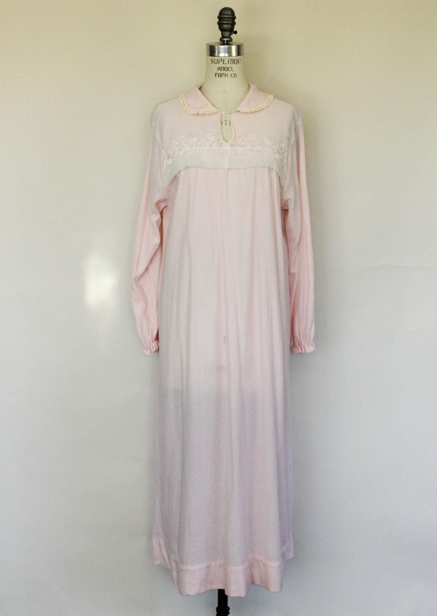 Vintage 1960s Carol Brent Pink Flannel and Lace Trim Nightgown