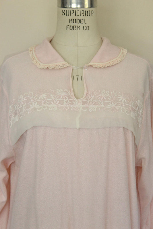 Vintage 1960s Carol Brent Pink Flannel and Lace Trim Nightgown