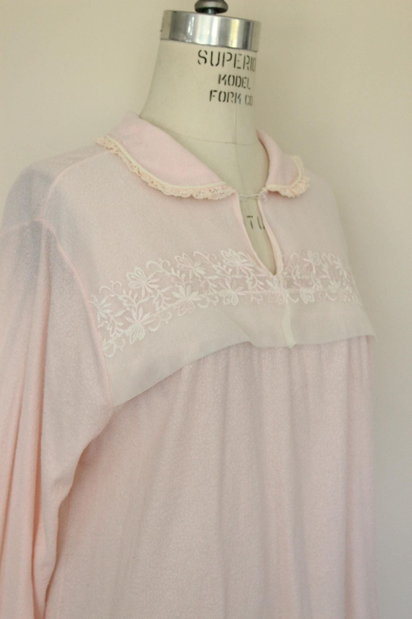 Vintage 1960s Carol Brent Pink Flannel and Lace Trim Nightgown