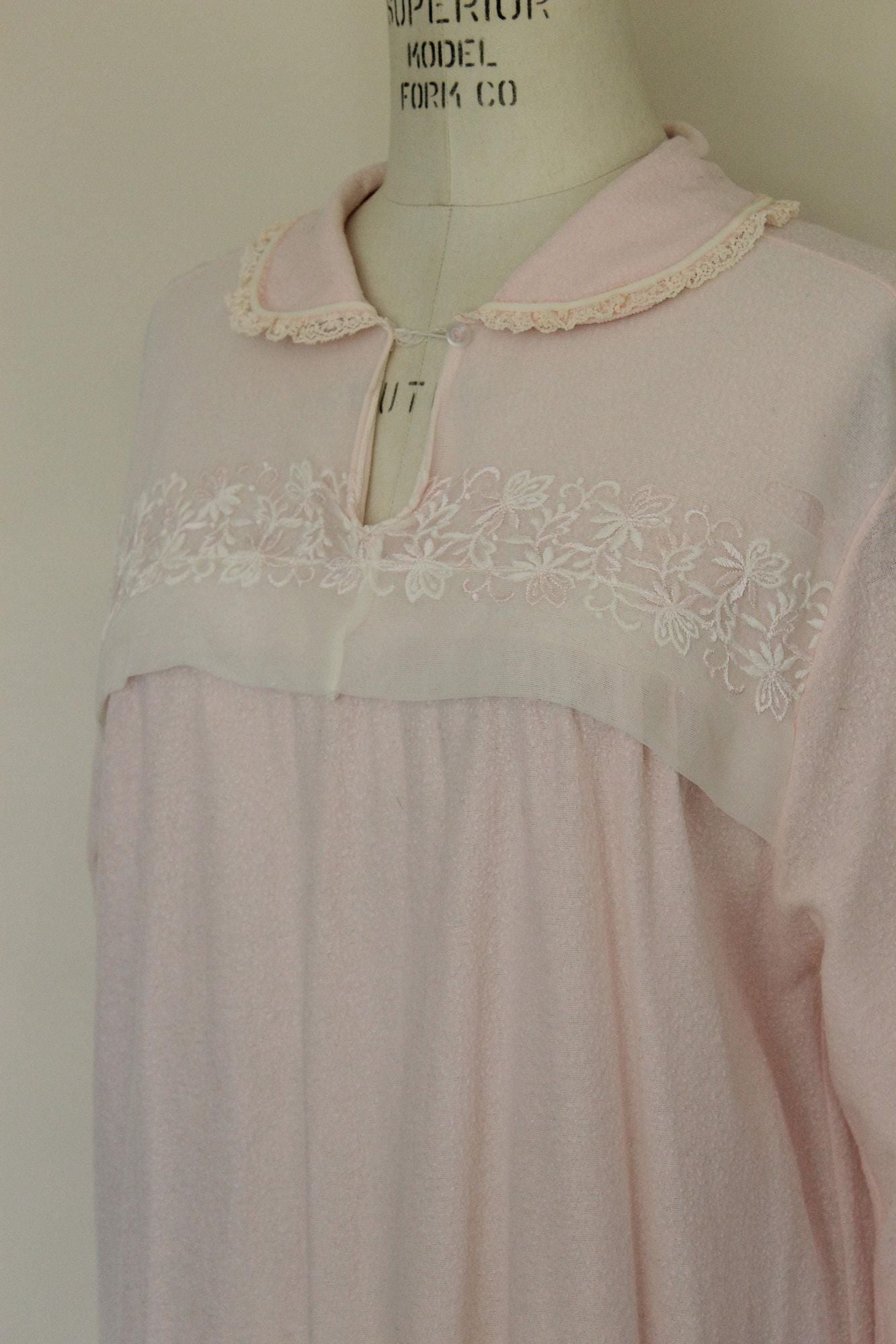 Vintage 1960s Carol Brent Pink Flannel and Lace Trim Nightgown