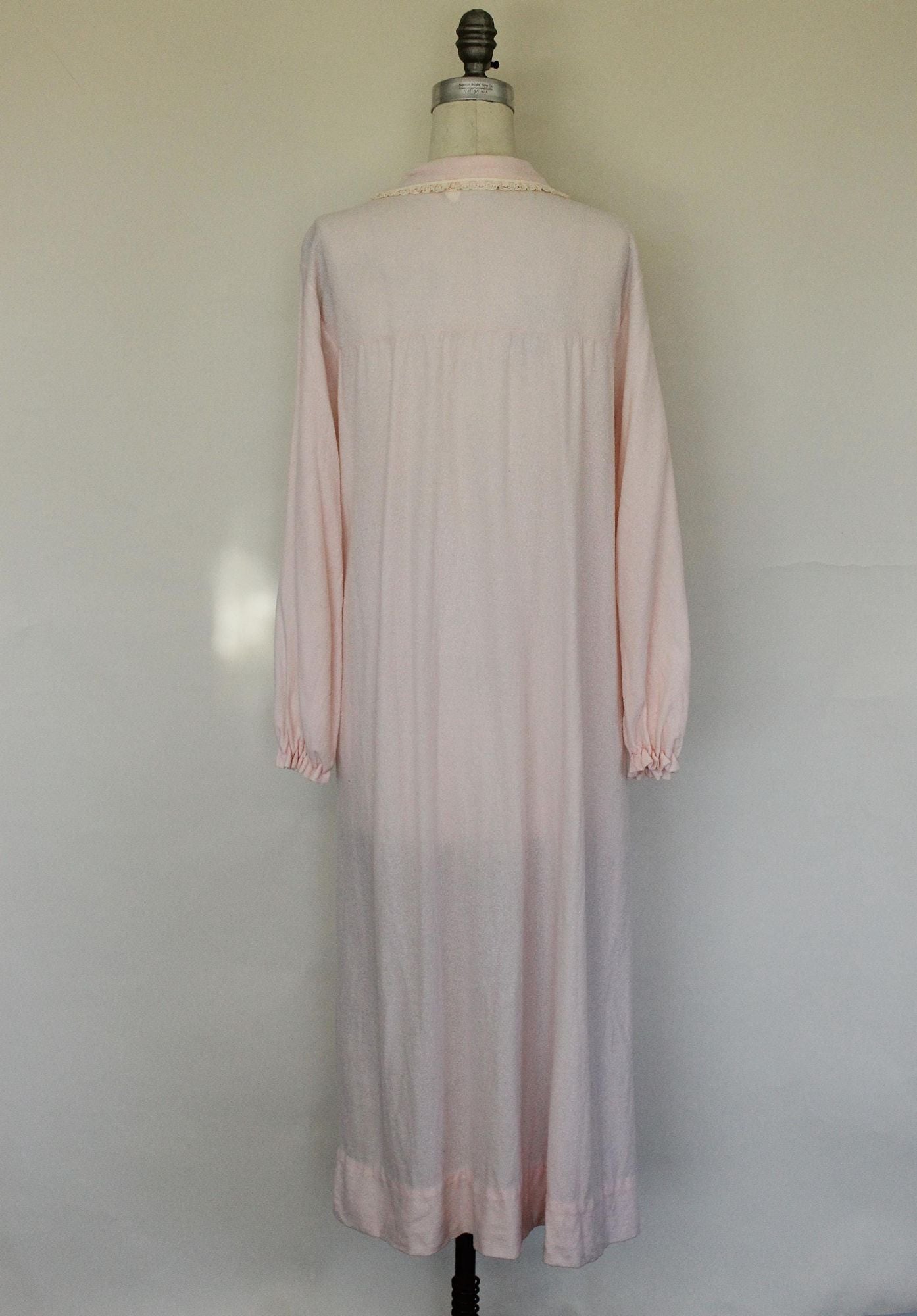 Vintage 1960s Carol Brent Pink Flannel and Lace Trim Nightgown