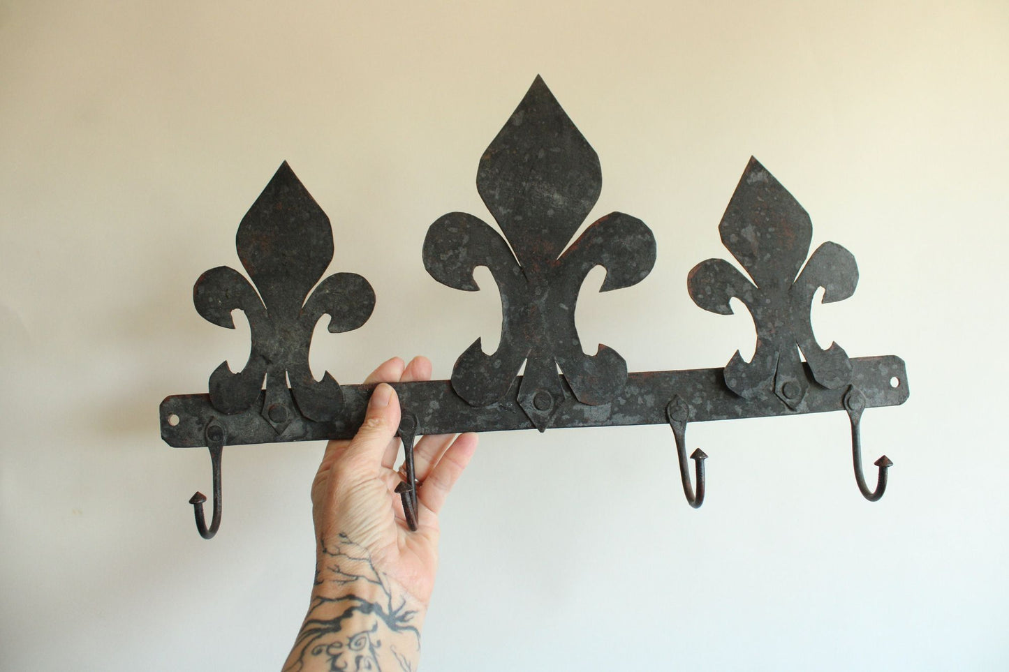 Vintage 1990s Three Black Fleur de Lis  Wrought Iron Hooks