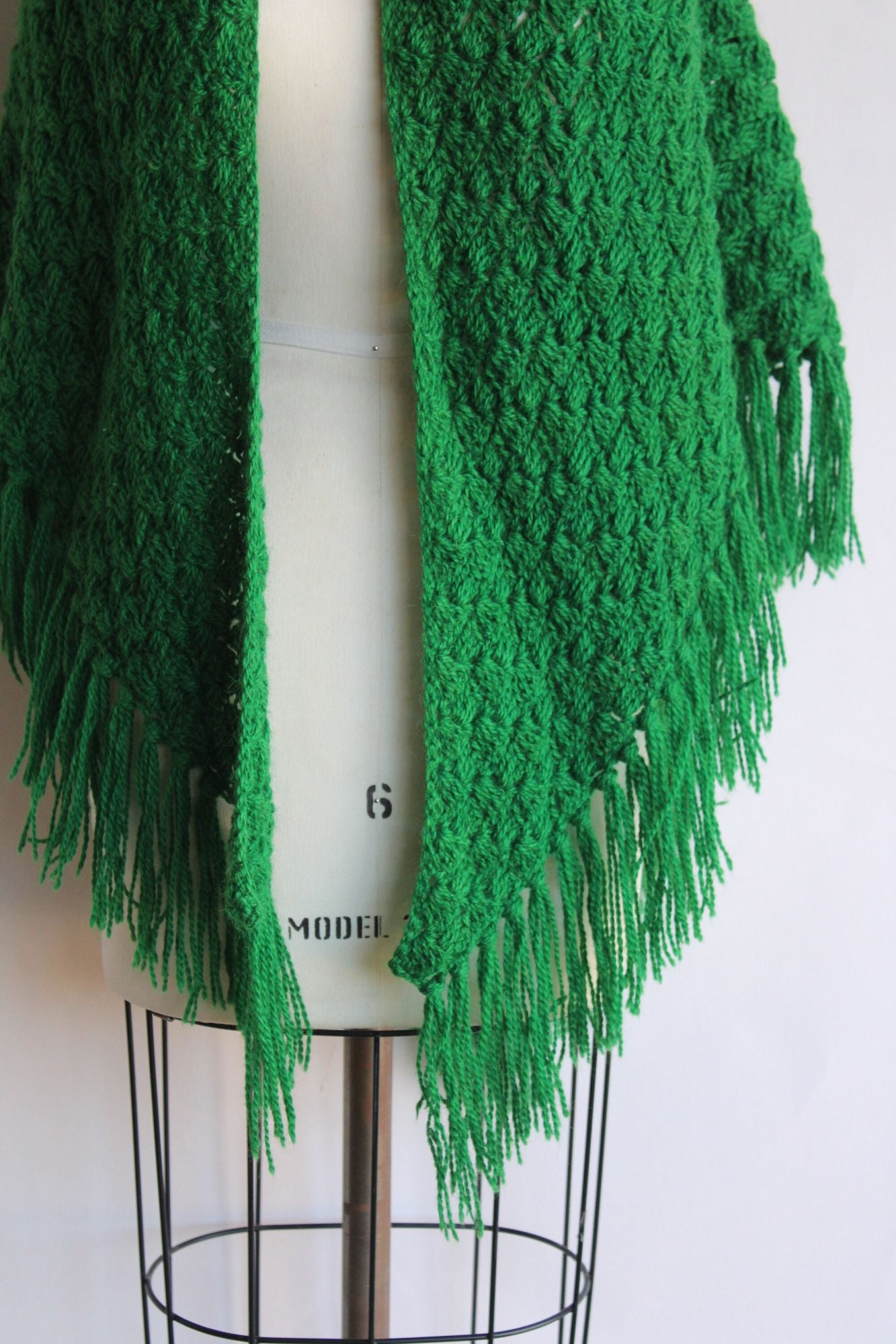Vintage 1960s 1970s Green Knit with Fringe Shawl