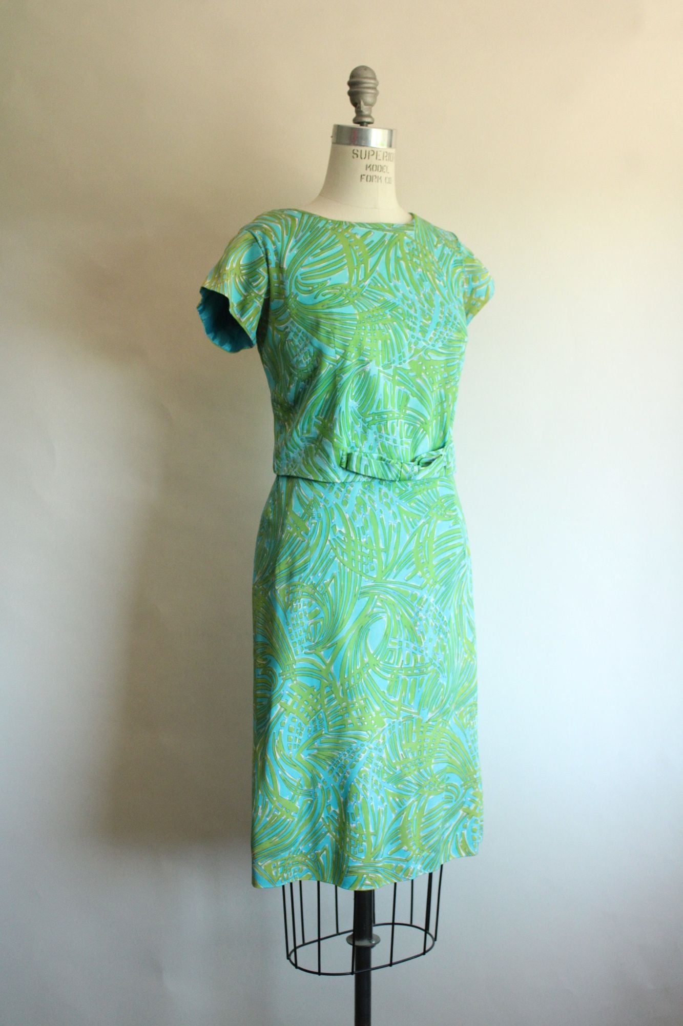 Vintage 1960s Blue and Green Dress with Bow