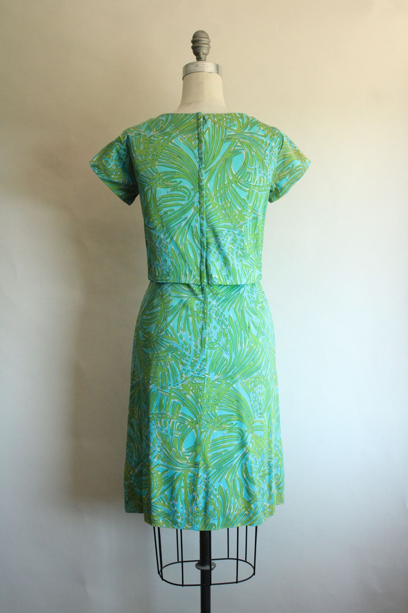 Vintage 1960s Blue and Green Dress with Bow