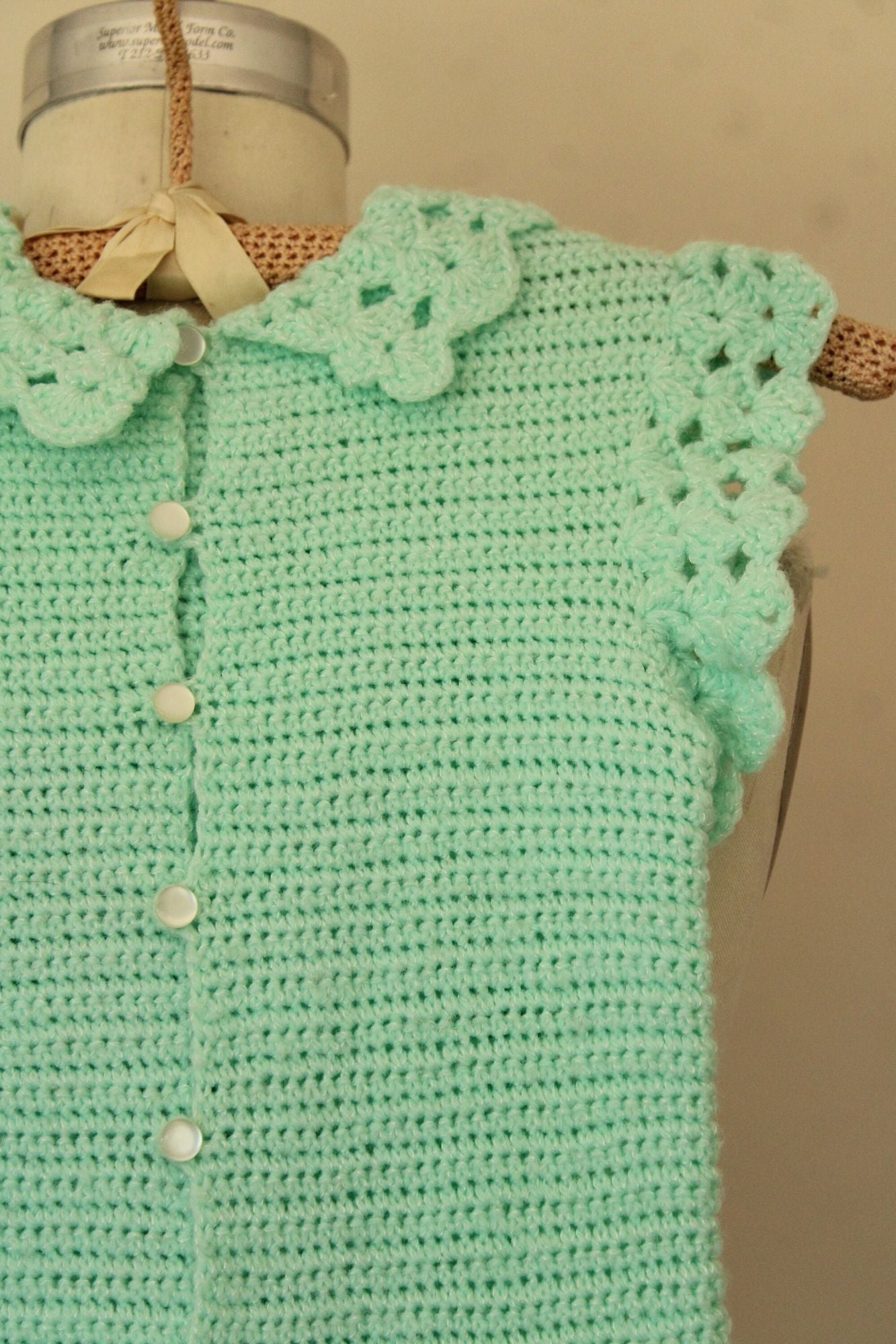 Vintage Mint Green Knit Little Girls Frock