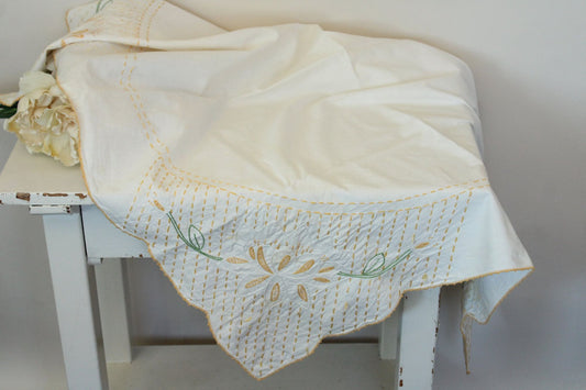 Vintage 1950s  Tulip Embroidered White Linen Square Tablecloth