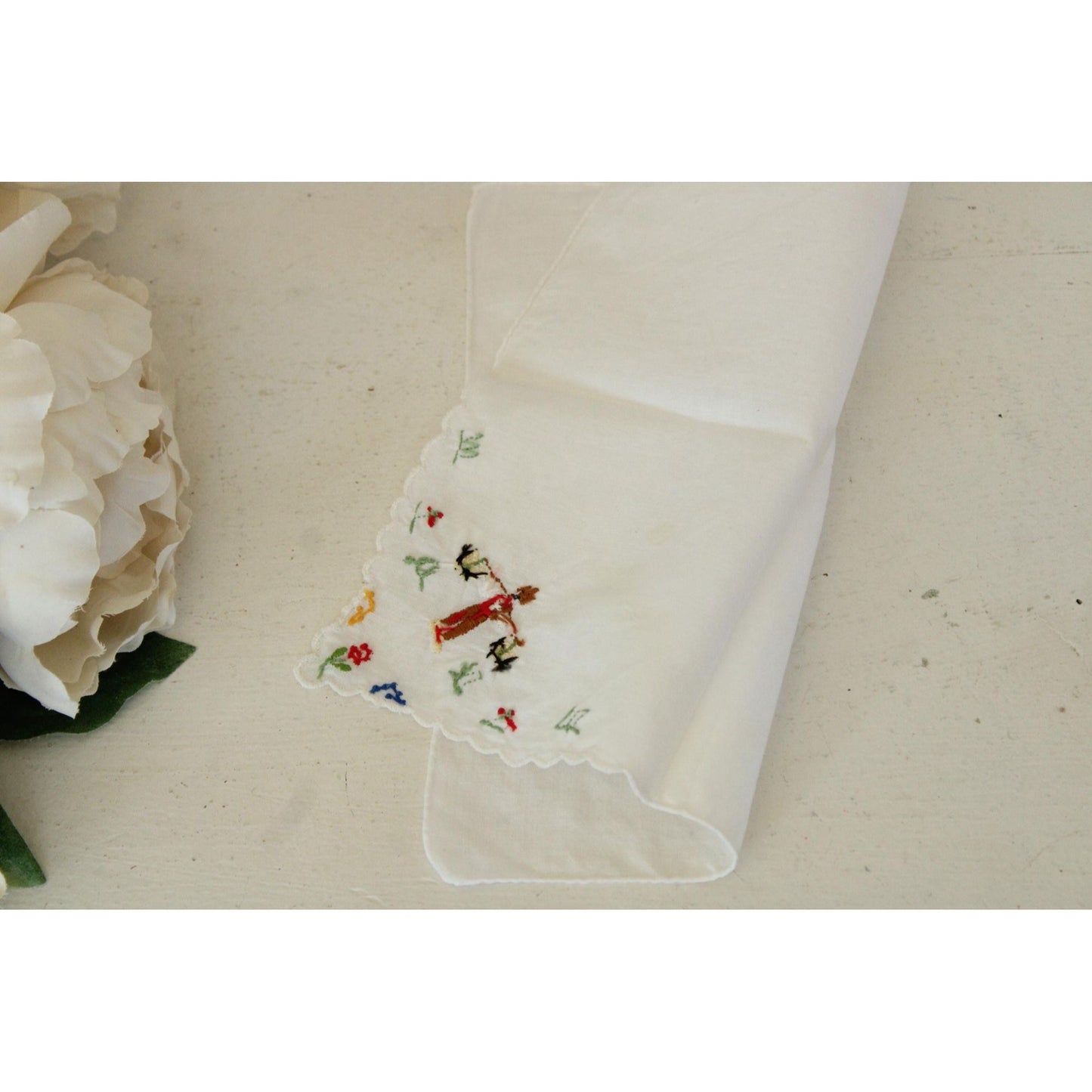 Vintage White Linen Folk Embroidered Hanky