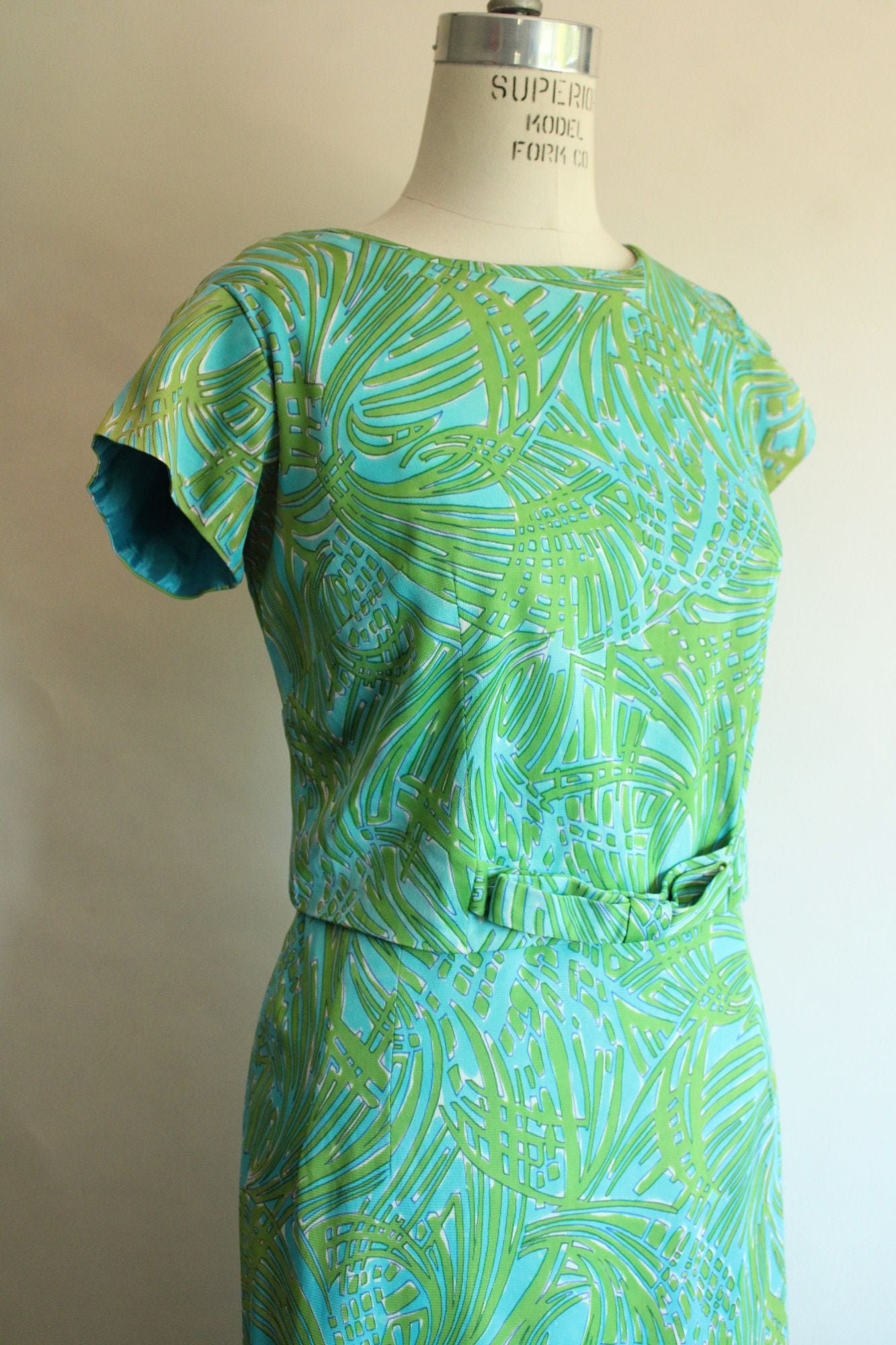 Vintage 1960s Blue and Green Dress with Bow