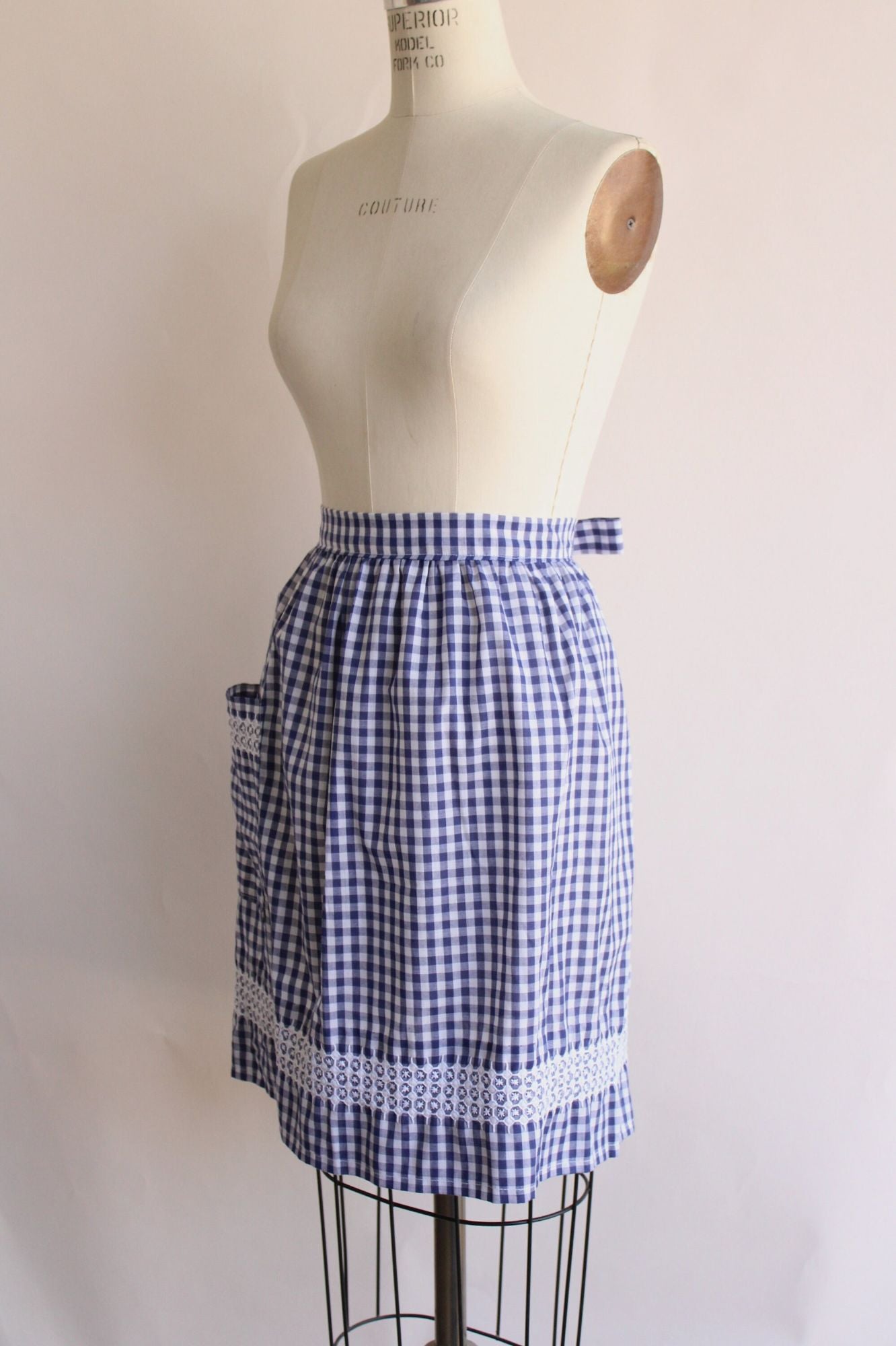 Vintage 1960s Blue and White Gingham Apron