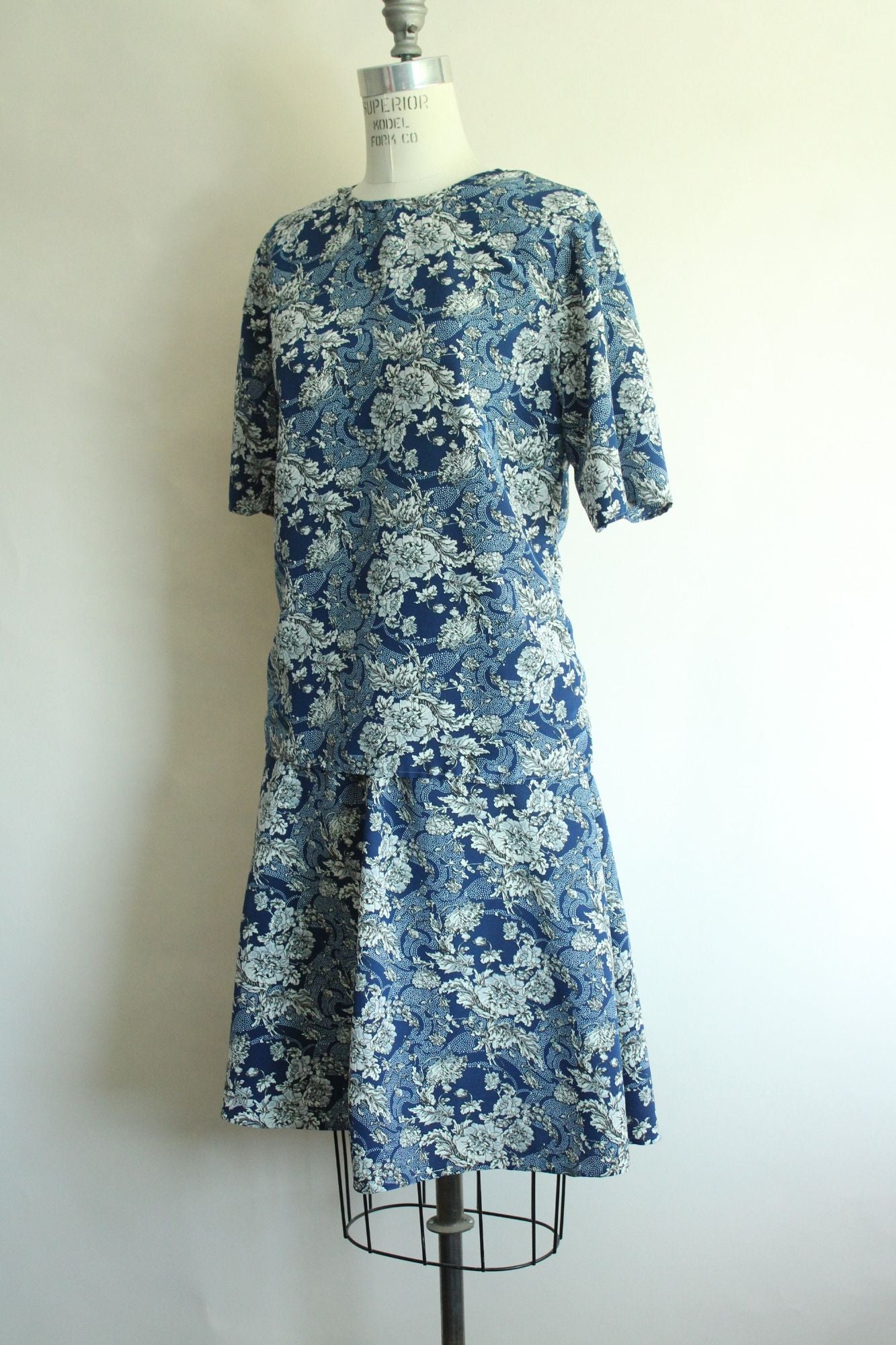 Vintage 1990s Norton McNaughton Blue And White Floral Print Skirt and Blouse