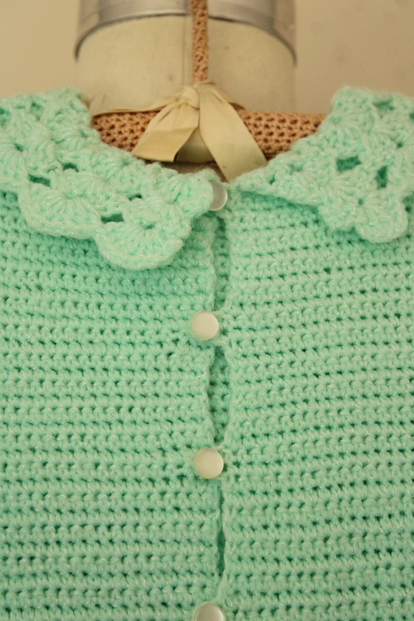 Vintage Mint Green Knit Little Girls Frock