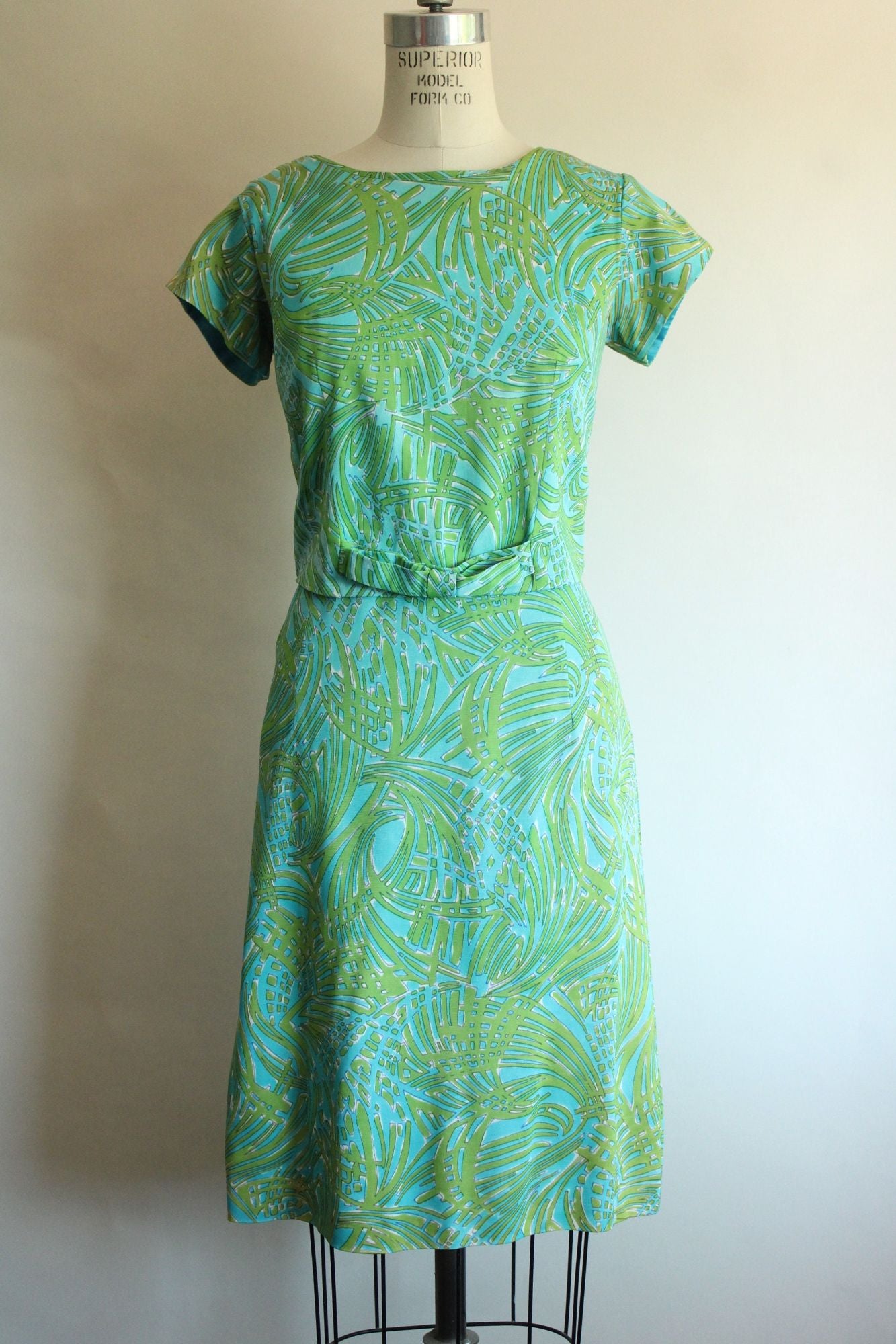 Vintage 1960s Blue and Green Dress with Bow