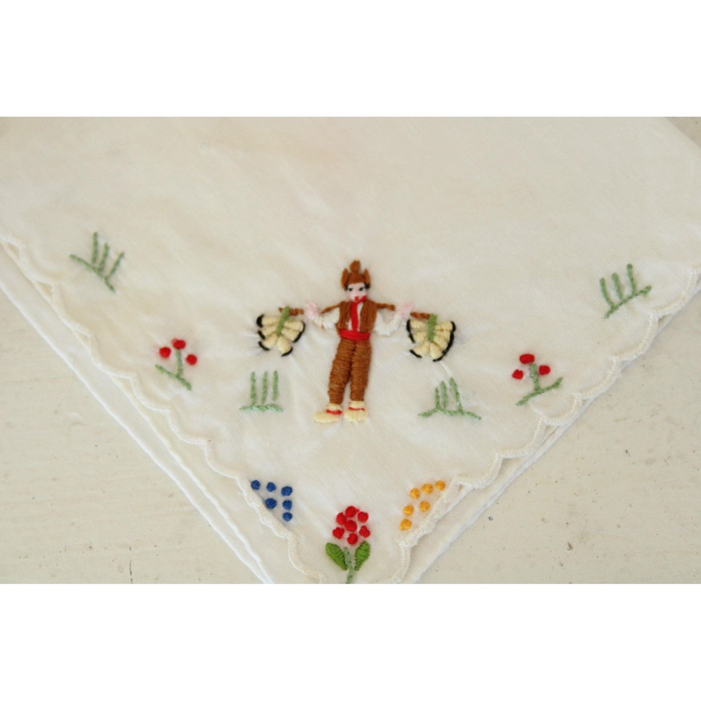 Vintage White Linen Folk Embroidered Hanky