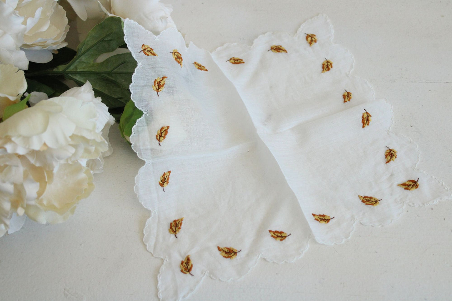 Vintage White Linen Hankie with Autumn Leaves Embroidery