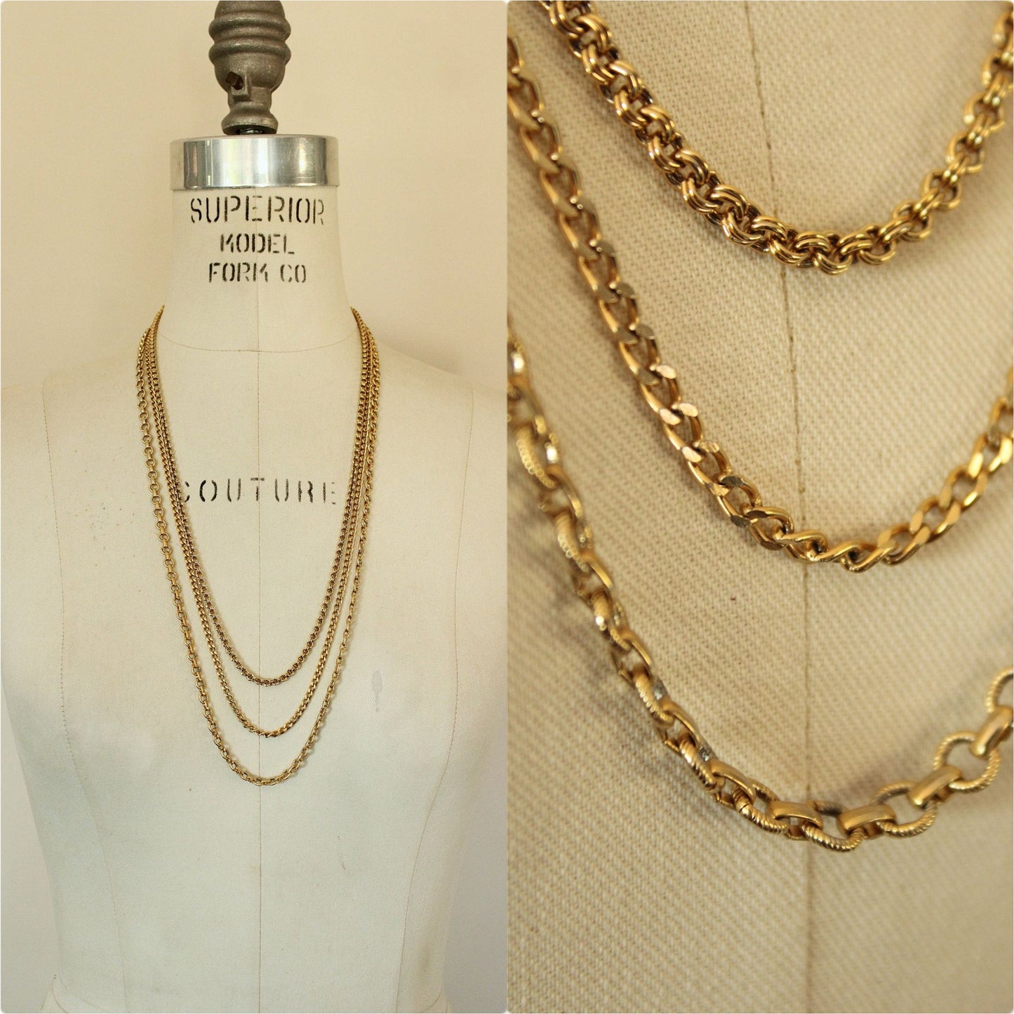 Vintage Napier Gold Tone Triple Strand Chain Necklace