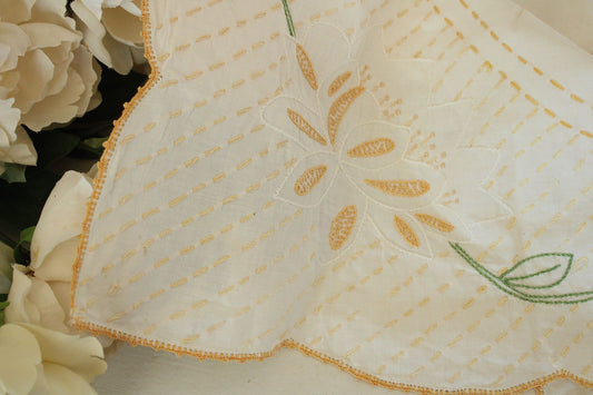 Vintage 1950s  Tulip Embroidered White Linen Square Tablecloth