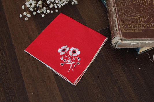 Vintage Red Embroidered Hankie with White and Black Flowers