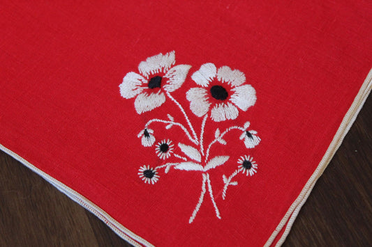 Vintage Red Embroidered Hankie with White and Black Flowers