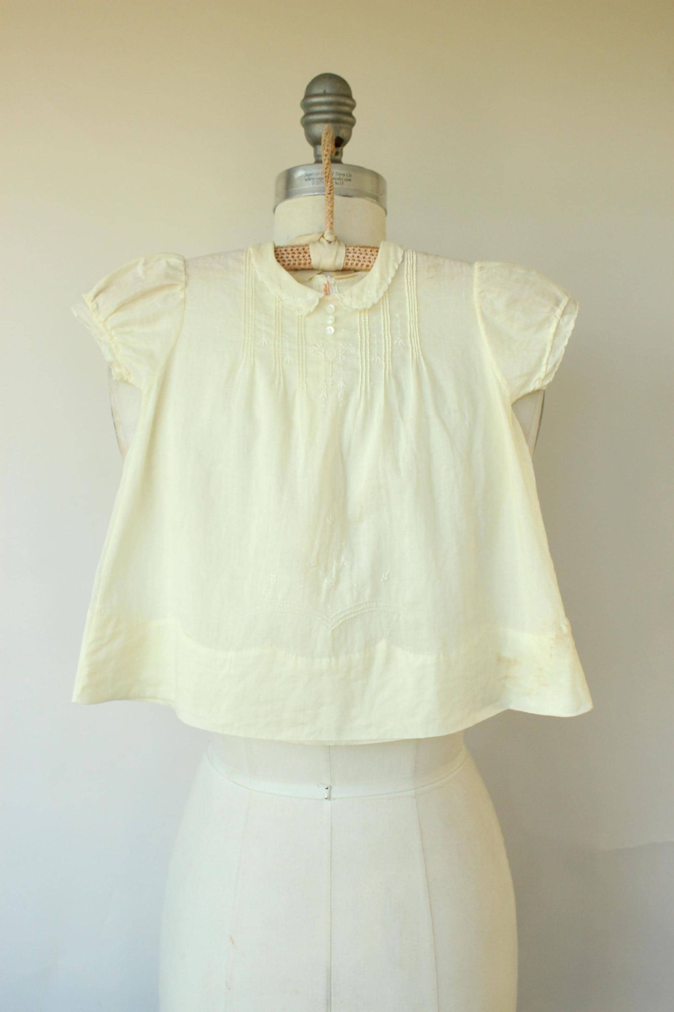 Vintage 1950s 1960s Handmade Embroidered Yellow Linen Baby Dress