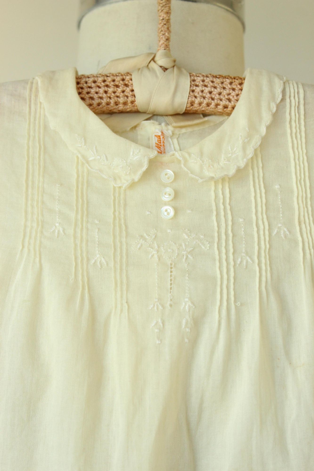 Vintage 1950s 1960s Handmade Embroidered Yellow Linen Baby Dress