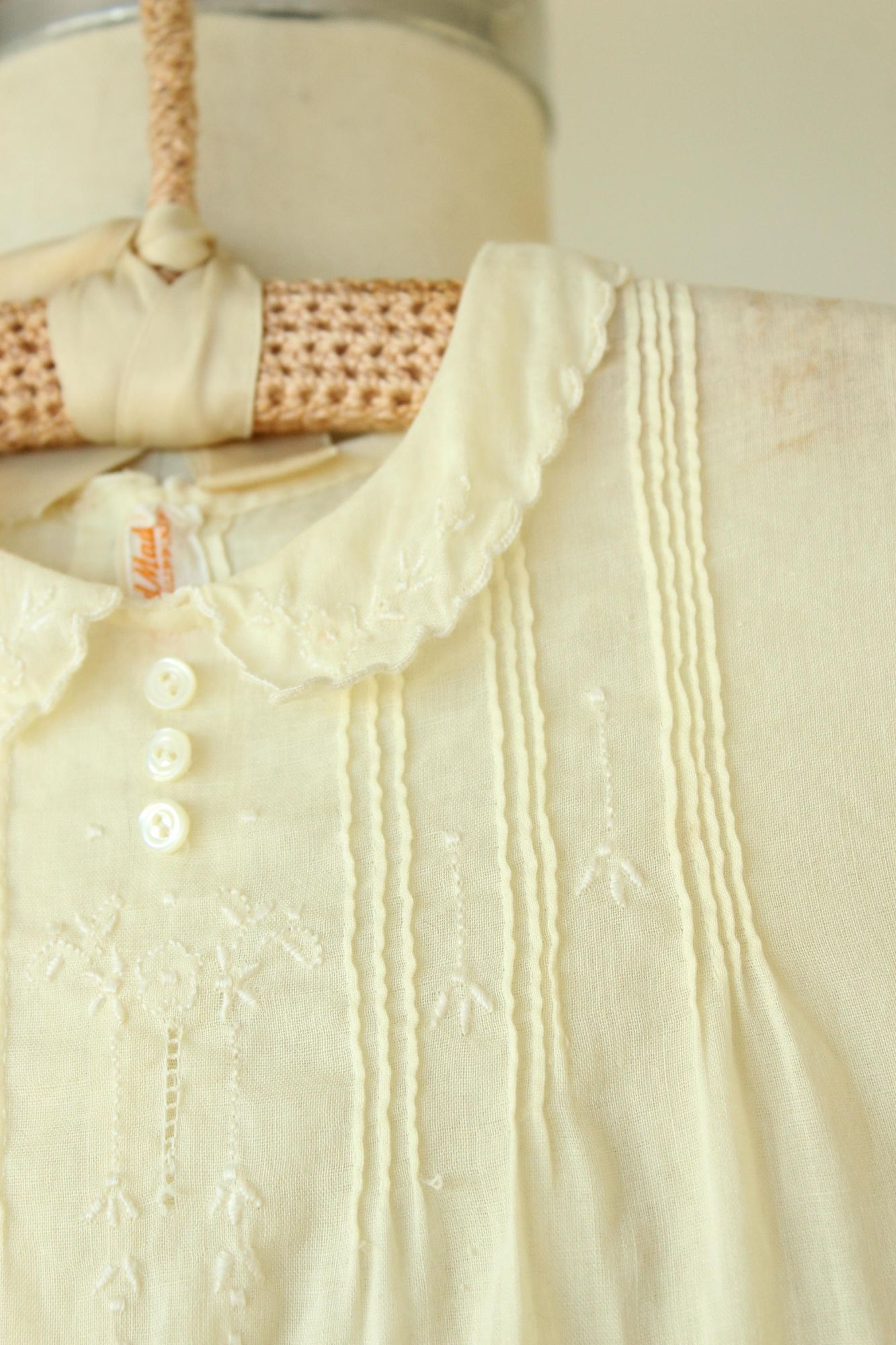 Vintage 1950s 1960s Handmade Embroidered Yellow Linen Baby Dress