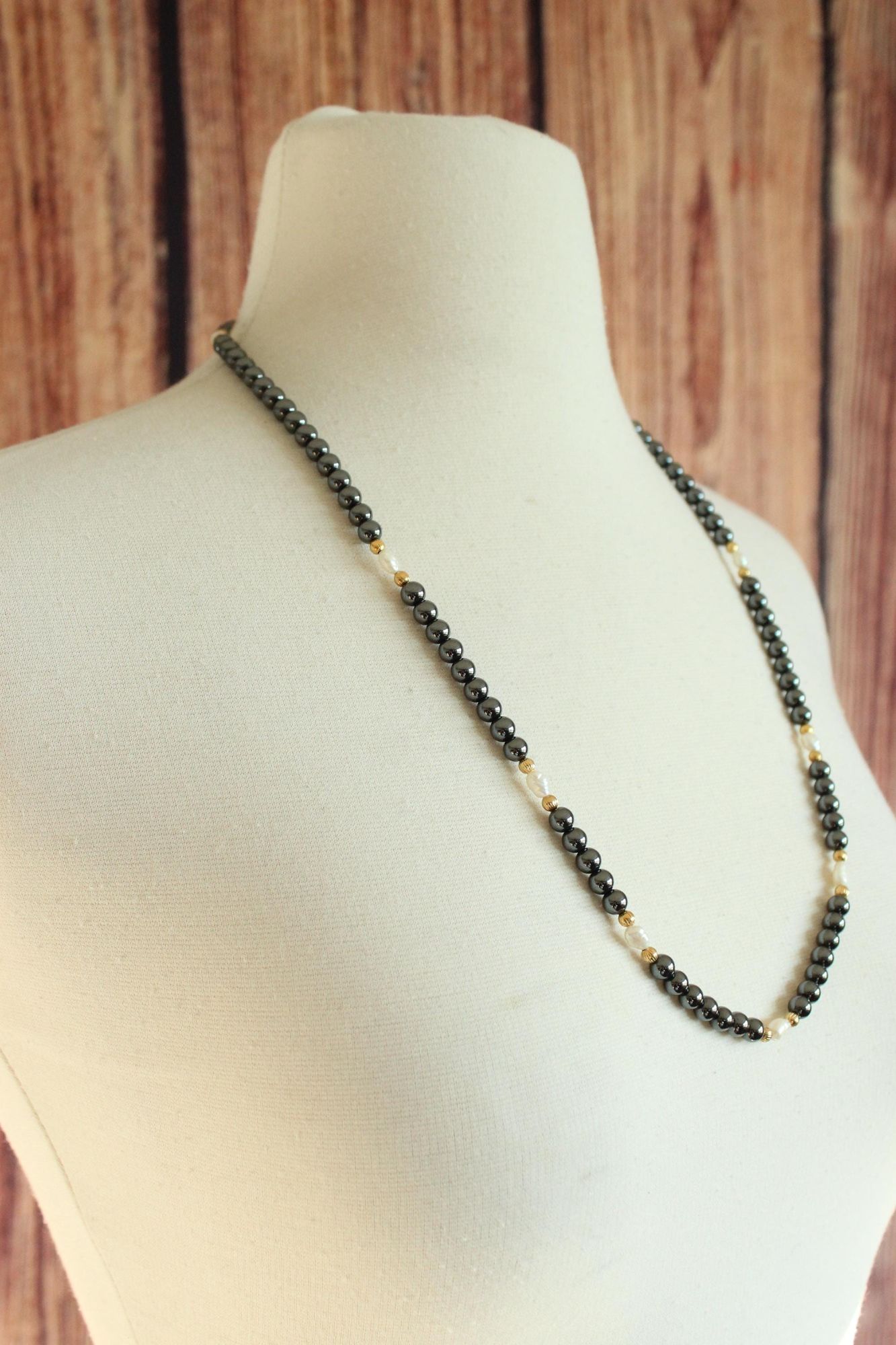 Vintage Black Faux and Freshwater Pearls Necklace